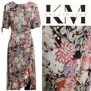 Koko + Mason LA Metallic Fall Multifloral High-Low Midi Ruffle Hem Dress MED NEW